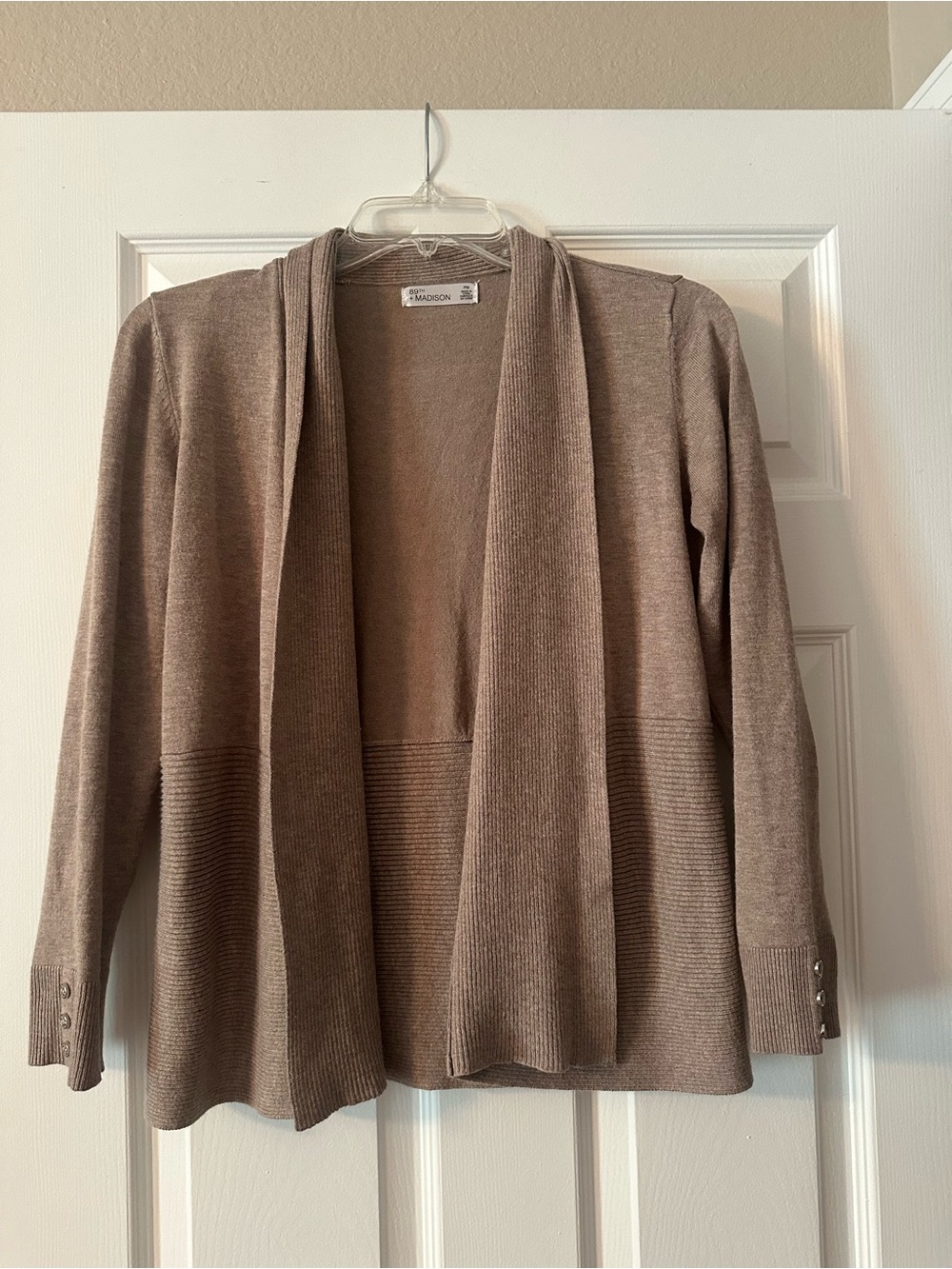 89th & Madison Taupe Open-Front Ribbed Cardigan